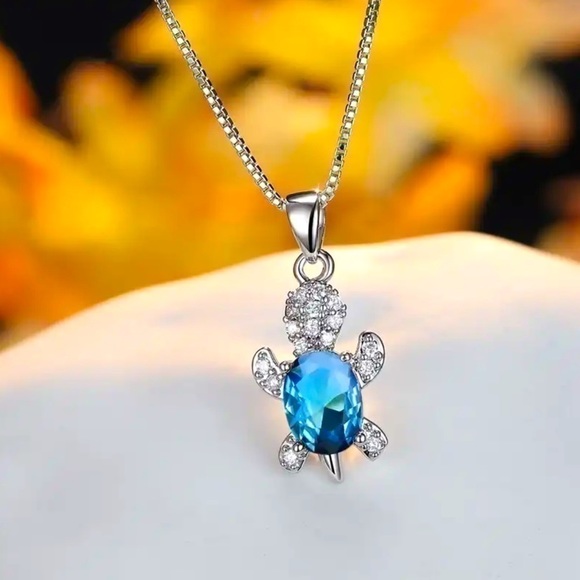 “Just Keep Swimming” Blue Green Turtle Diamond 925 Sterling Silver Gift Necklace - Picture 12 of 12